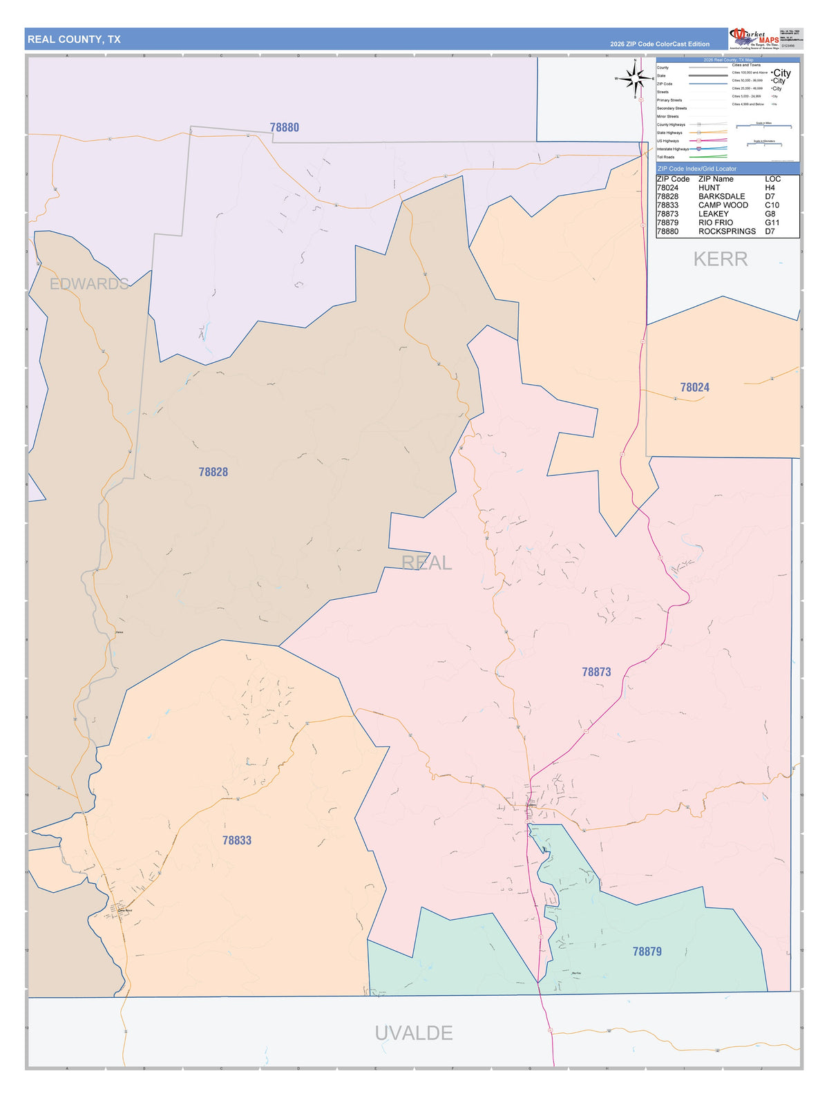 Real County, TX Colorcast Style Wall Map