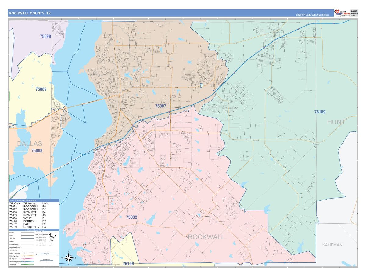 Rockwall County, TX Colorcast Style Wall Map