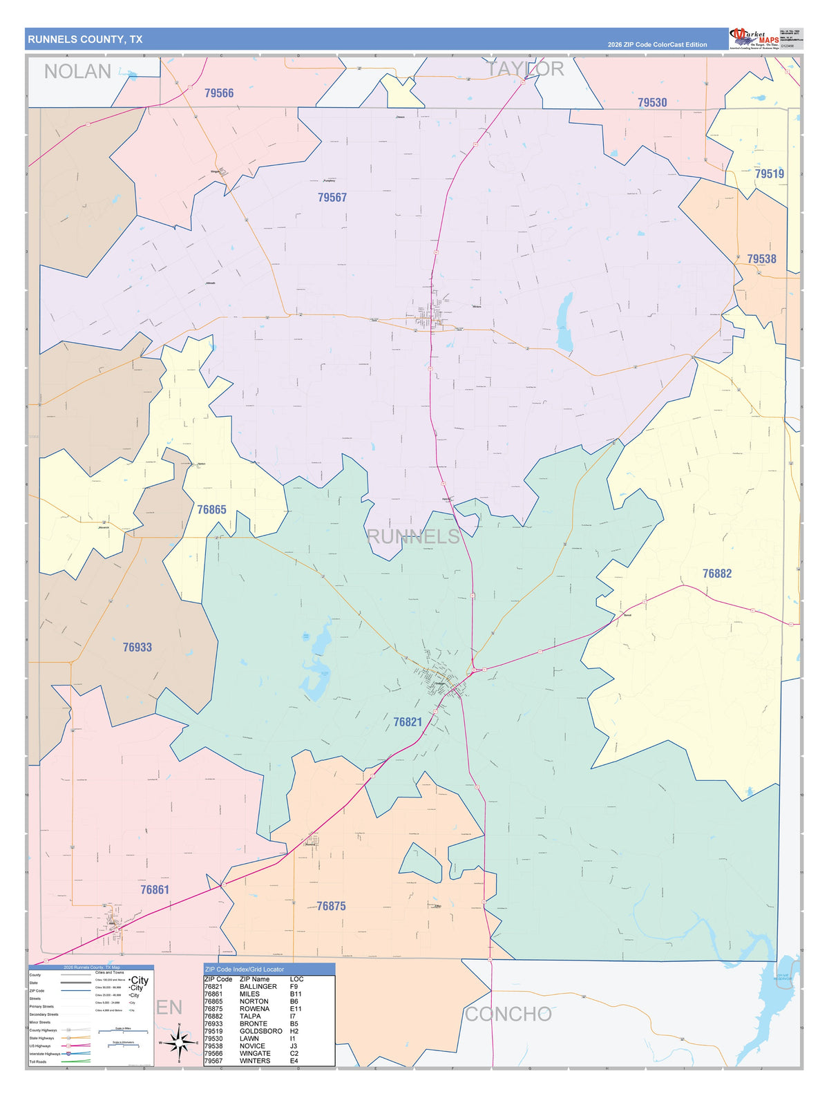 Runnels County, TX Colorcast Style Wall Map