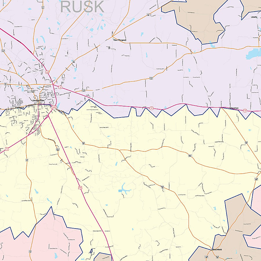 Rusk County, TX Colorcast Style Wall Map
