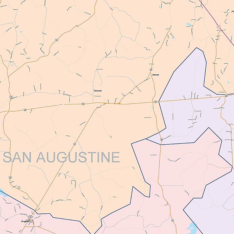 San Augustine County, TX Colorcast Style Wall Map