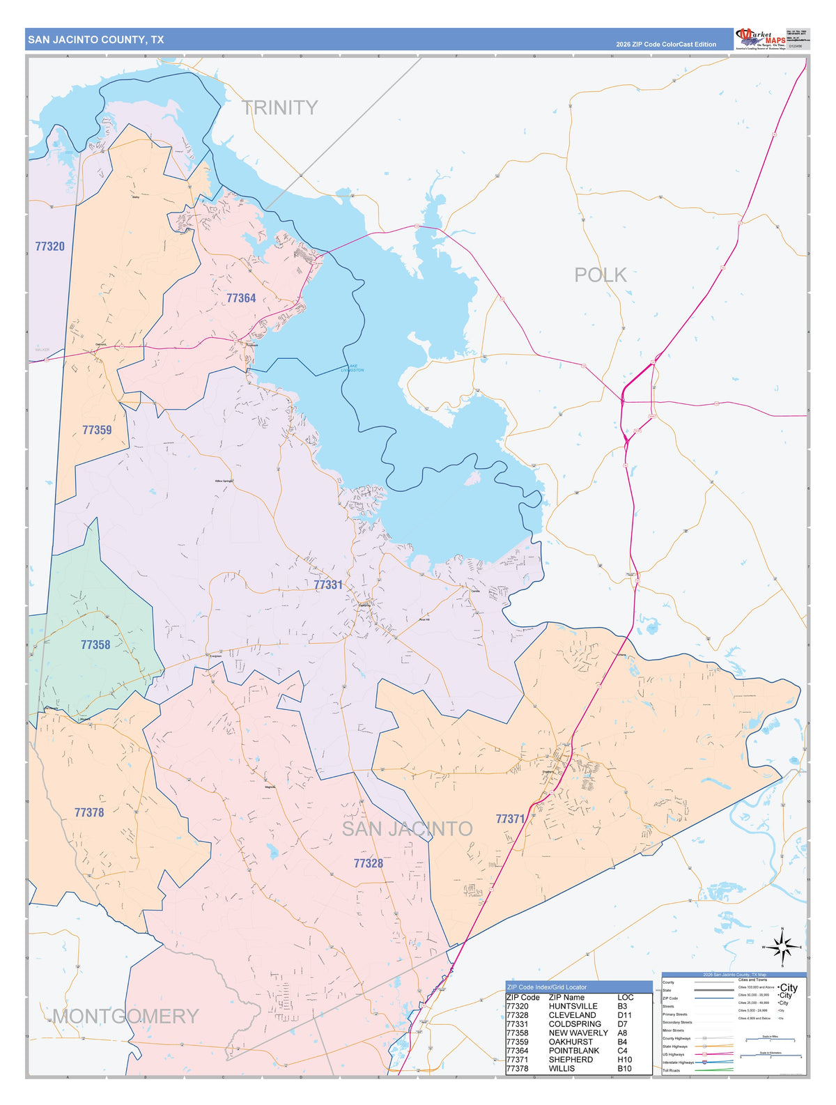 San Jacinto County, TX Colorcast Style Wall Map