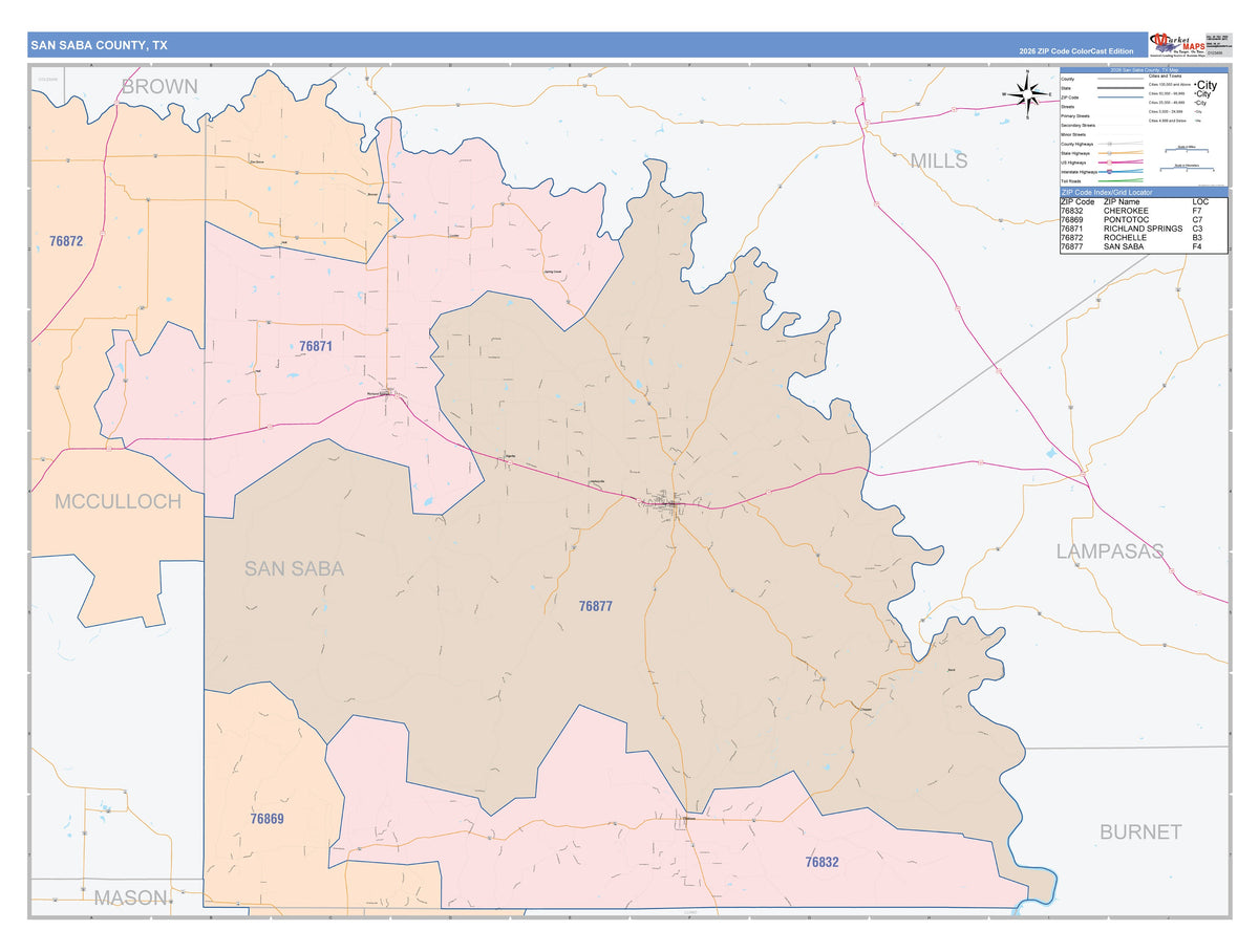 San Saba County, TX Colorcast Style Wall Map