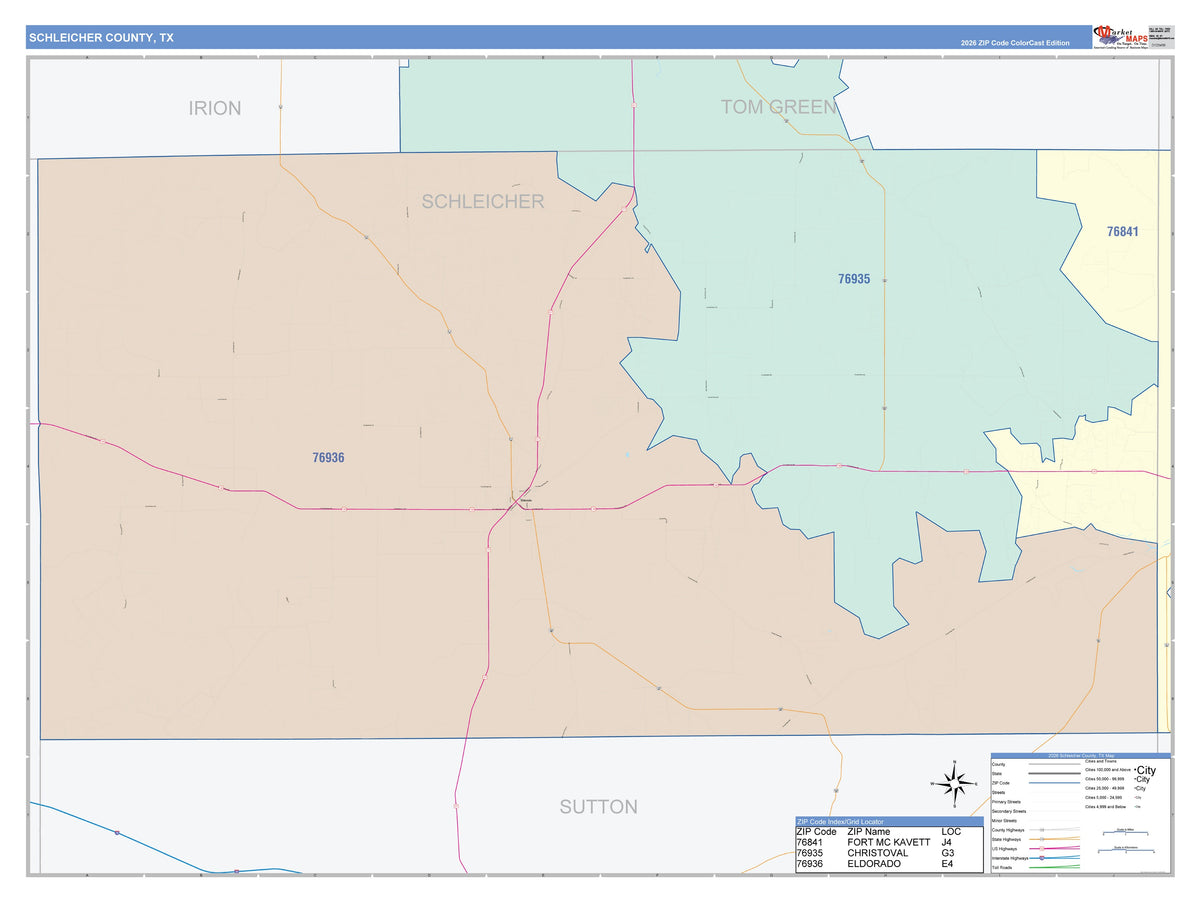 Schleicher County, TX Colorcast Style Wall Map