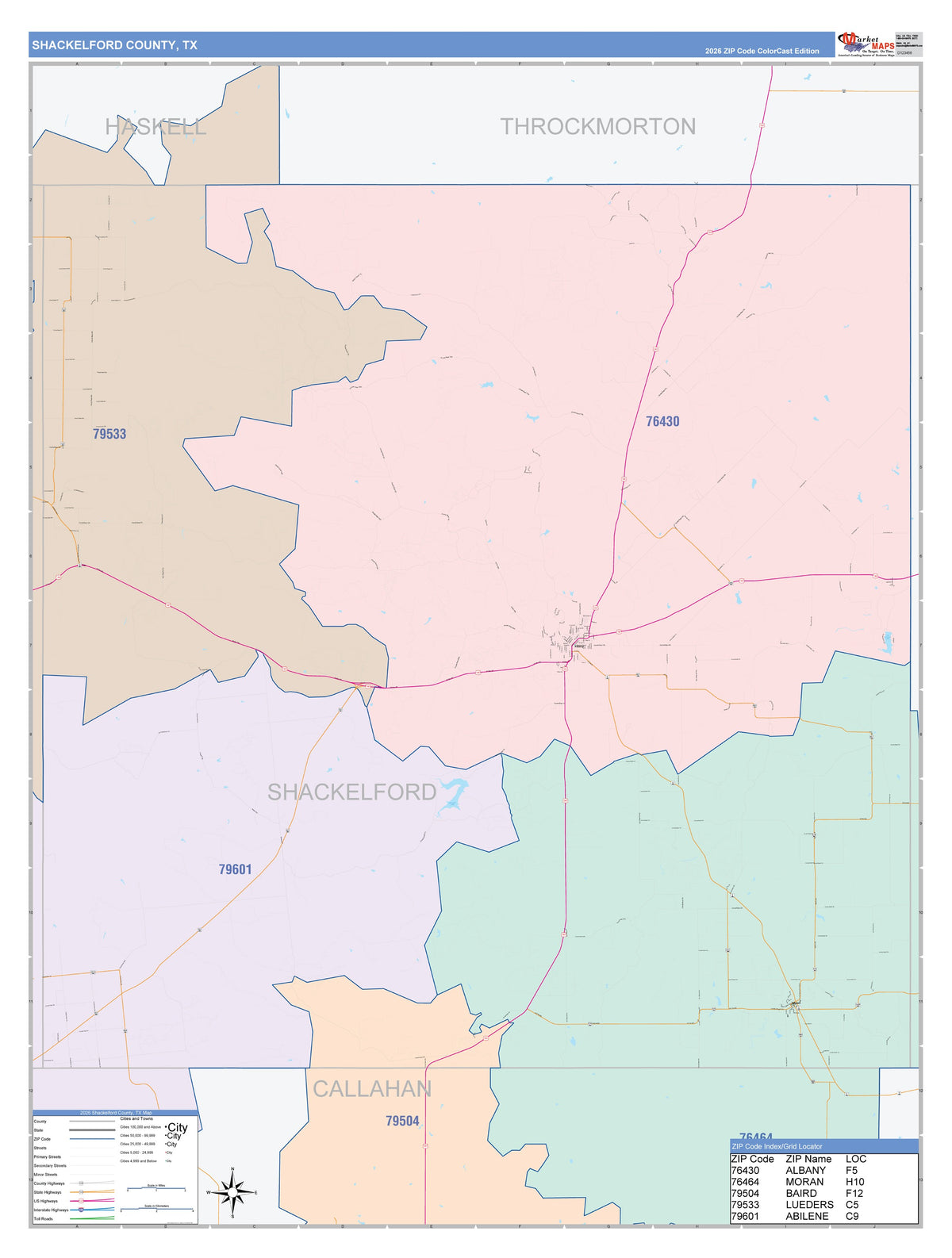 Shackelford County, TX Colorcast Style Wall Map