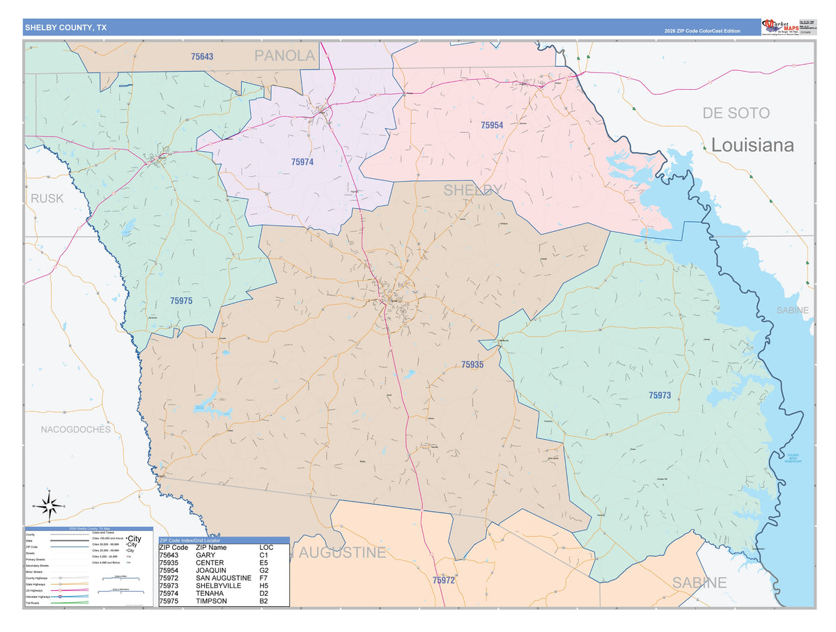 Shelby County, TX Colorcast Style Wall Map
