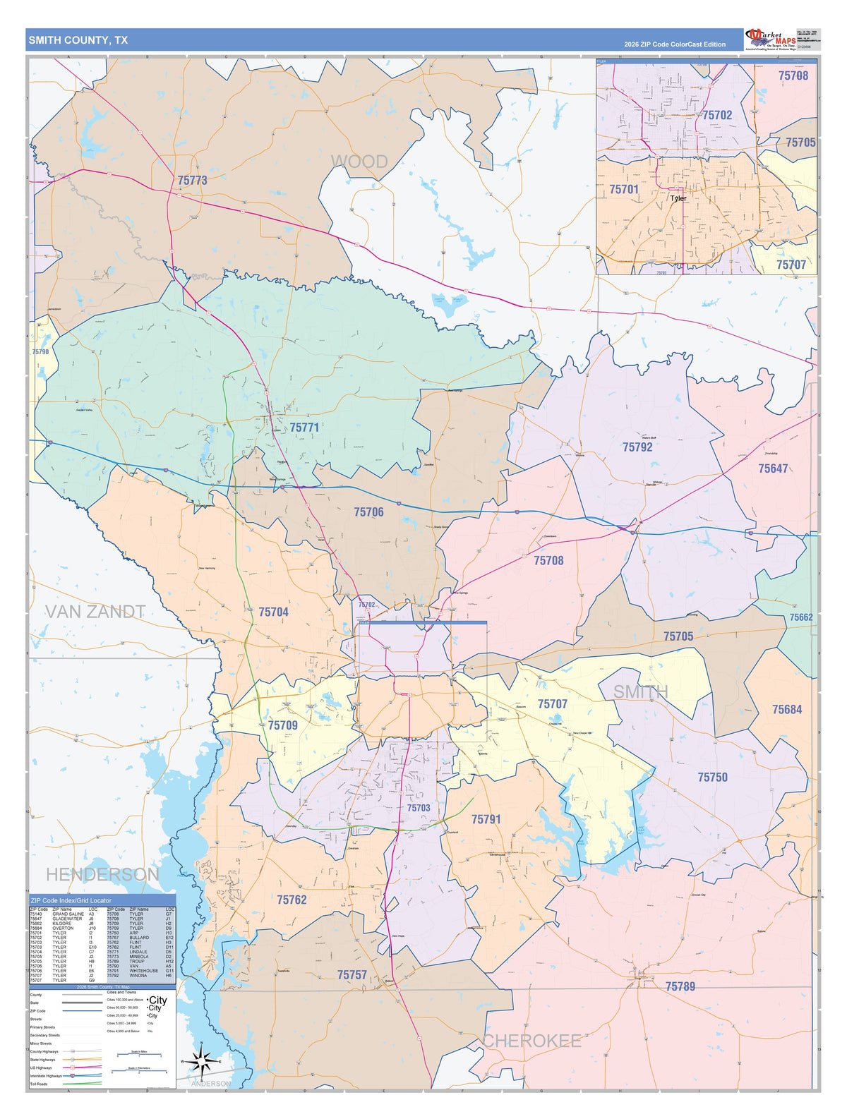 Smith County, TX Colorcast Style Wall Map