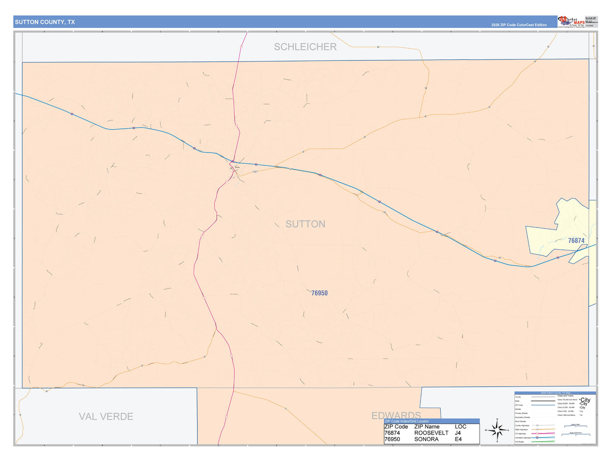 Sutton County, TX Colorcast Style Wall Map