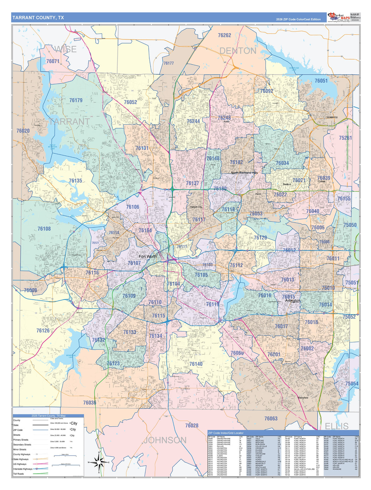 Tarrant County, TX Colorcast Style Wall Map