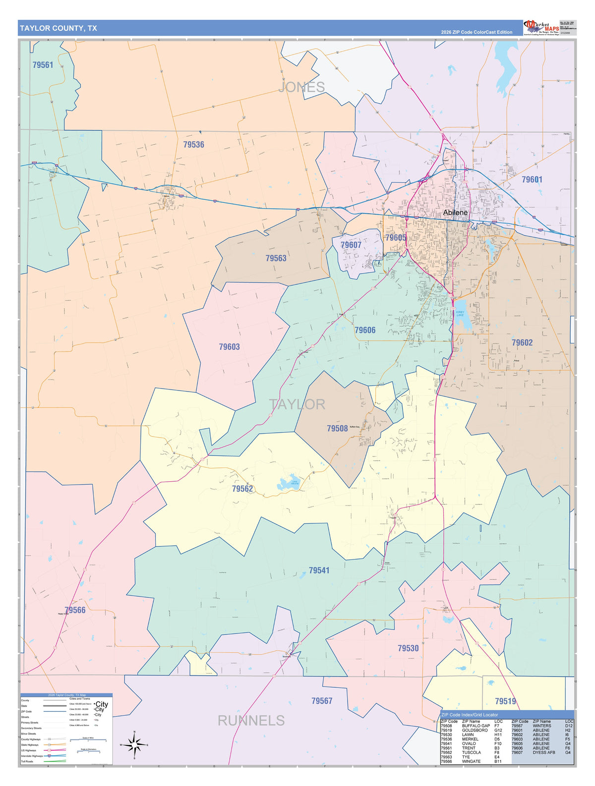 Taylor County, TX Colorcast Style Wall Map