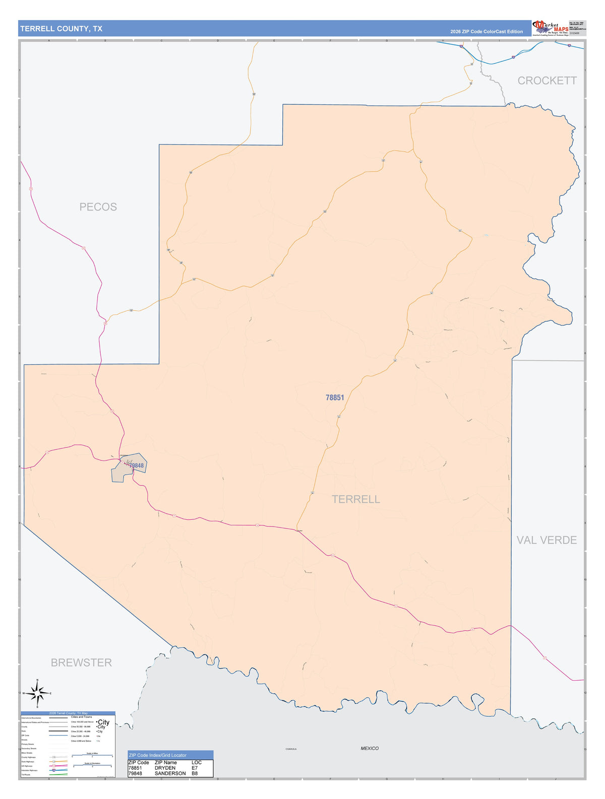 Terrell County, TX Colorcast Style Wall Map