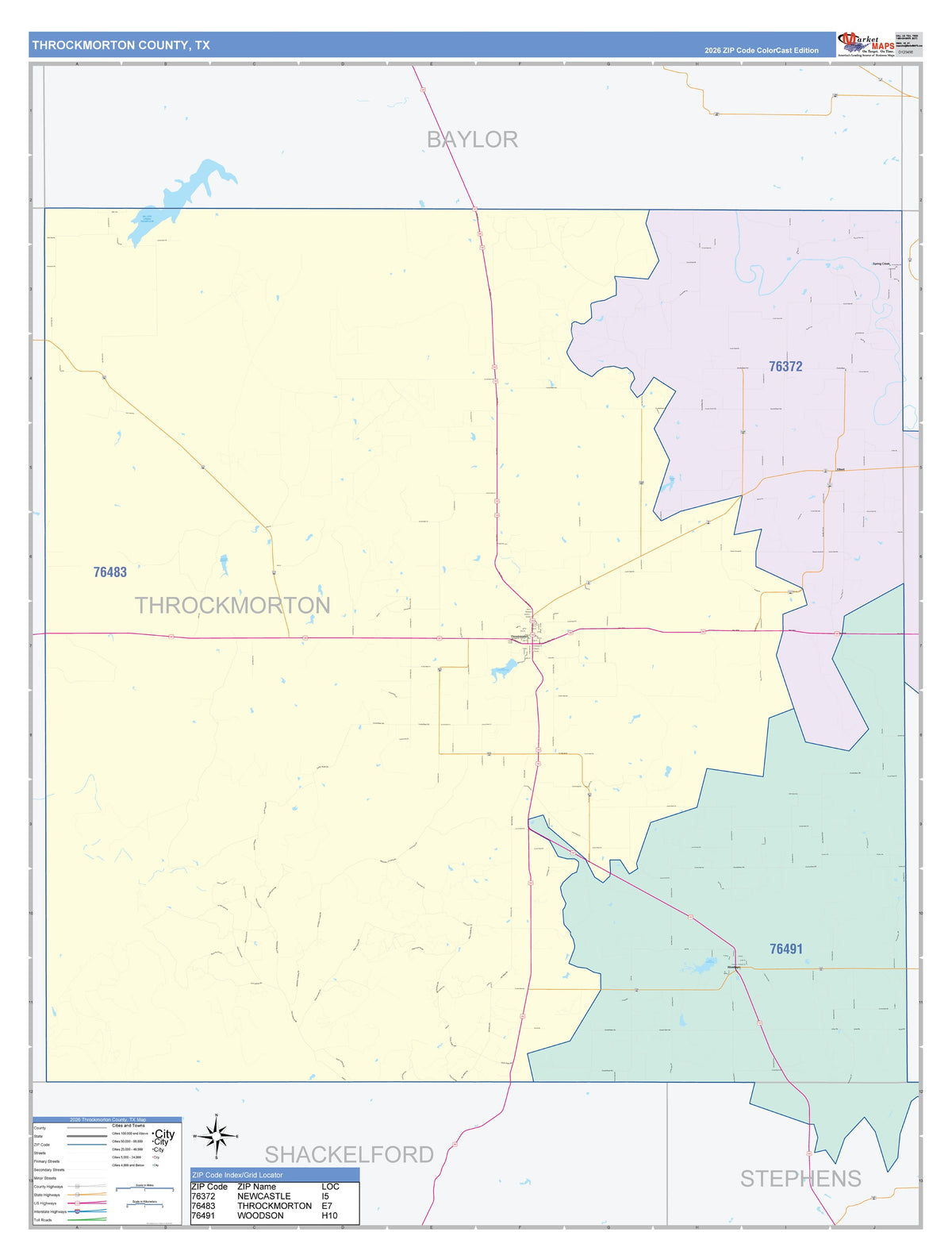 Throckmorton County, TX Colorcast Style Wall Map