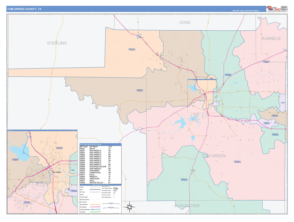 Tom Green County, TX Colorcast Style Wall Map