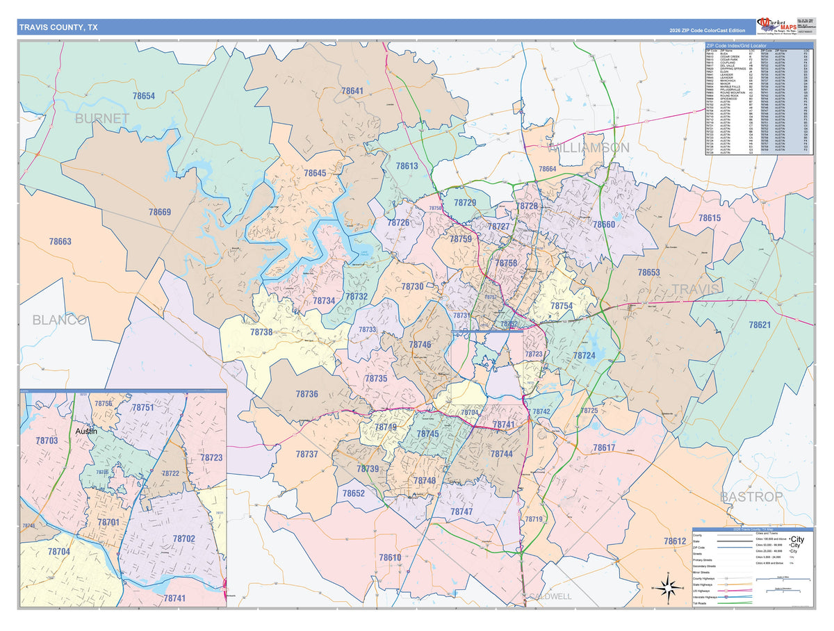Travis County, TX Colorcast Style Wall Map