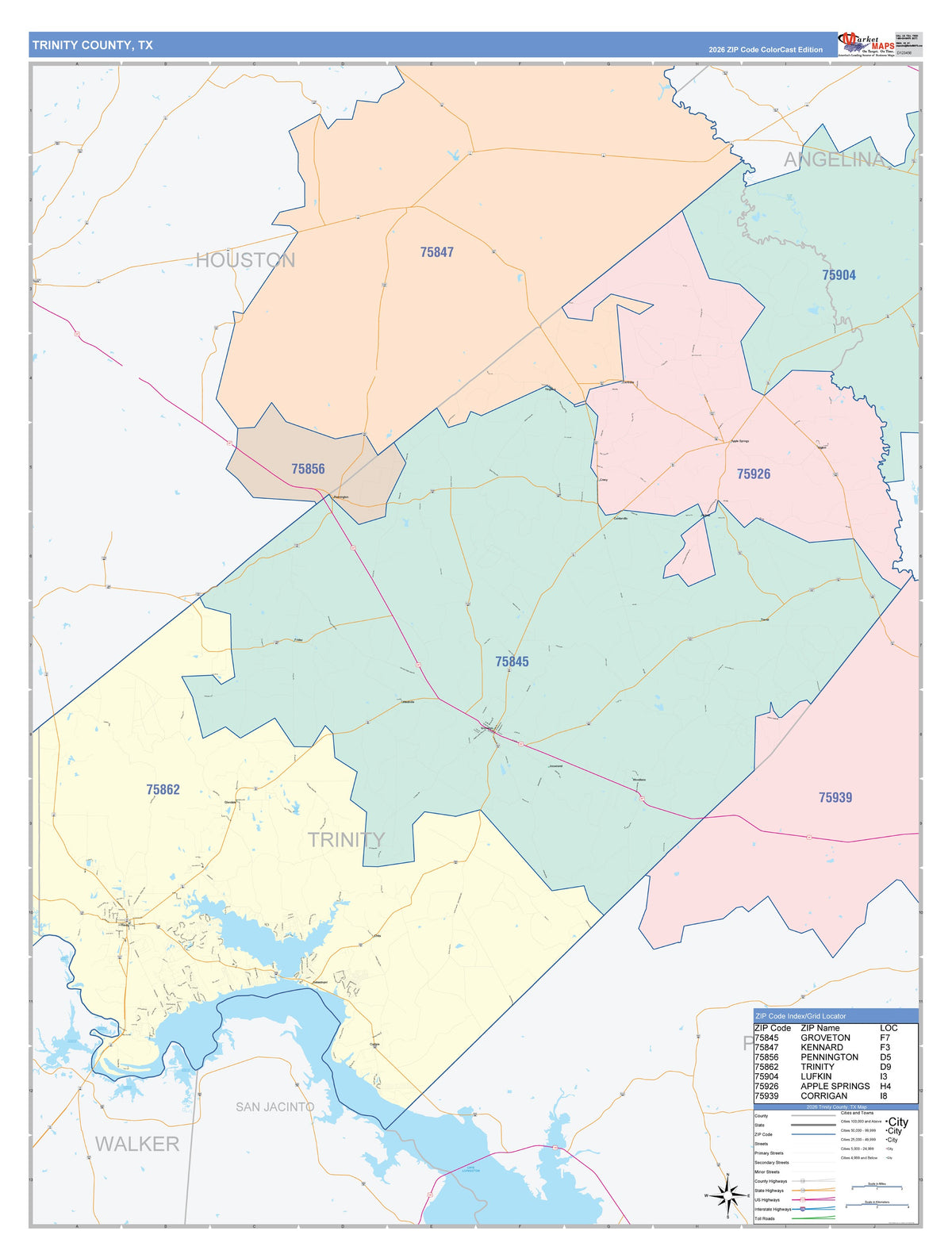 Trinity County, TX Colorcast Style Wall Map