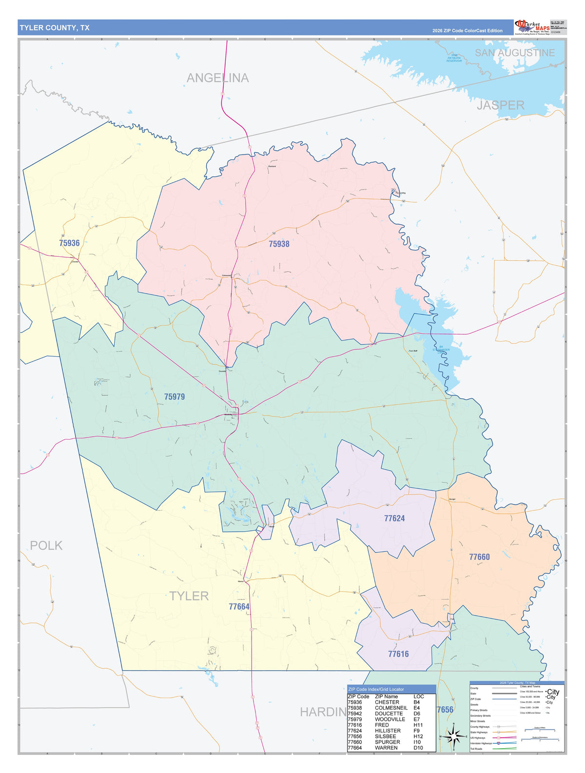 Tyler County, TX Colorcast Style Wall Map
