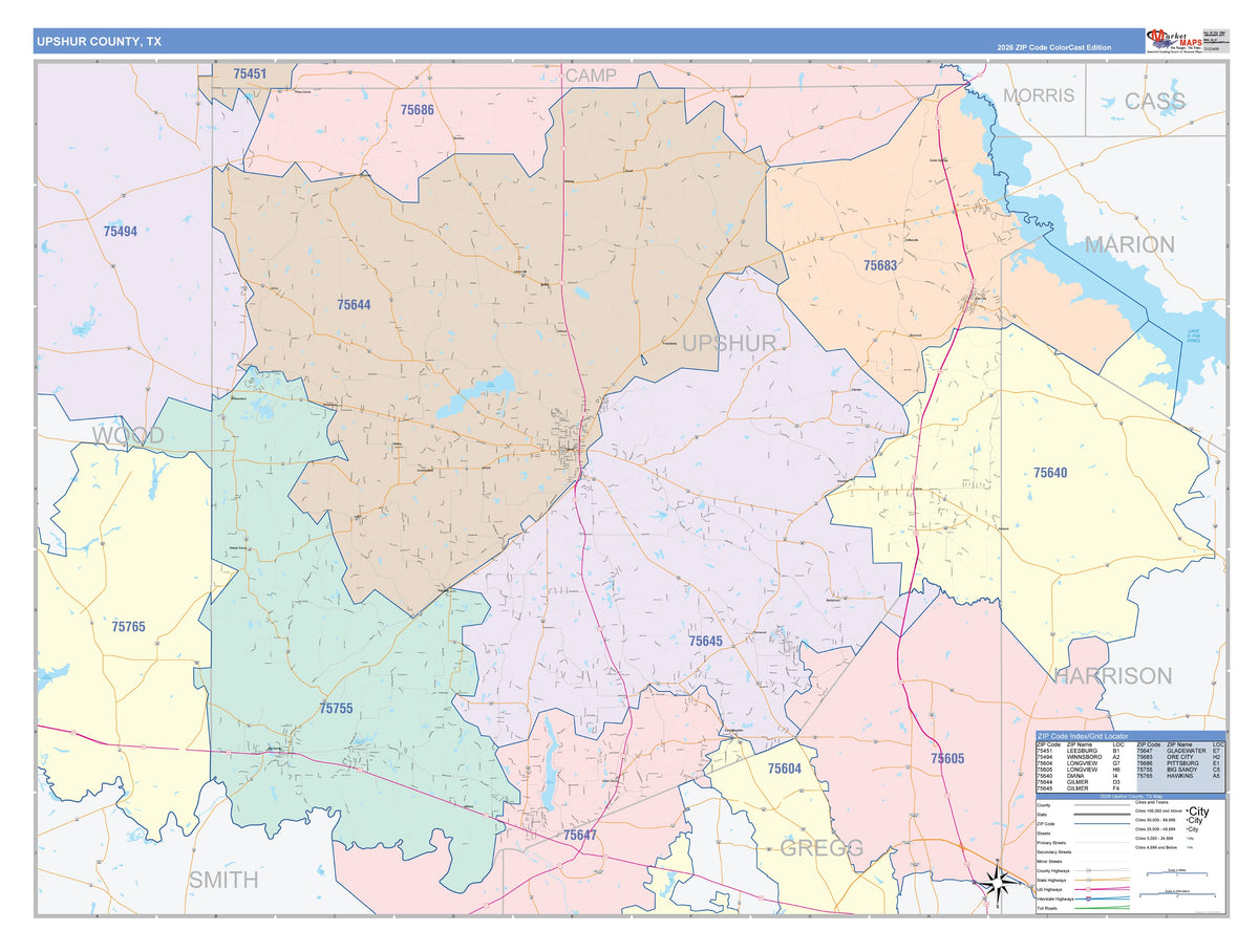 Upshur County, TX Colorcast Style Wall Map