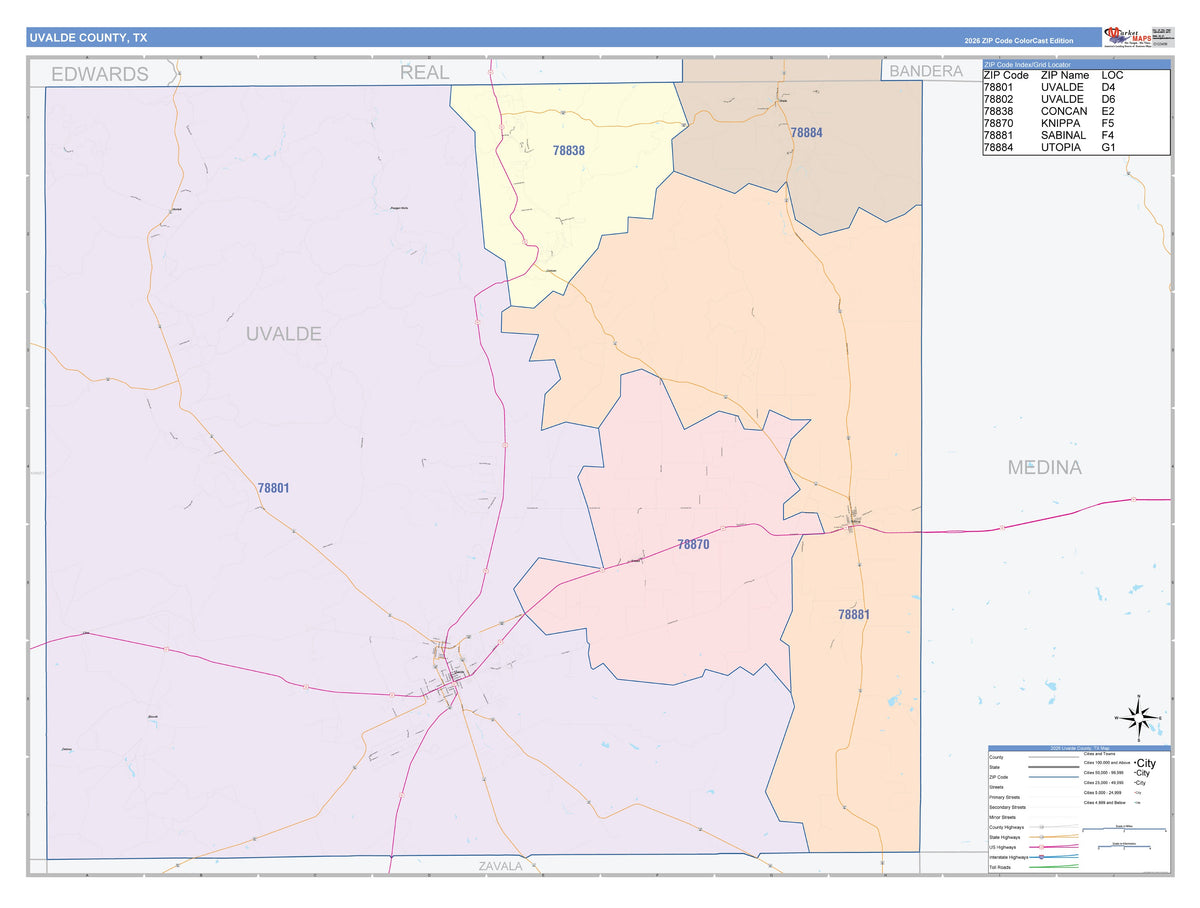Uvalde County, TX Colorcast Style Wall Map
