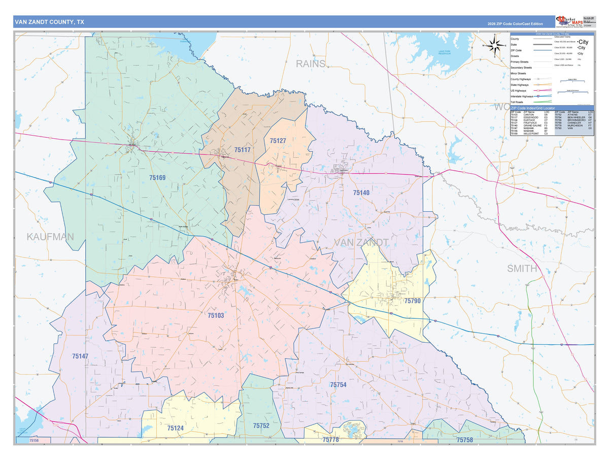Van Zandt County, TX Colorcast Style Wall Map