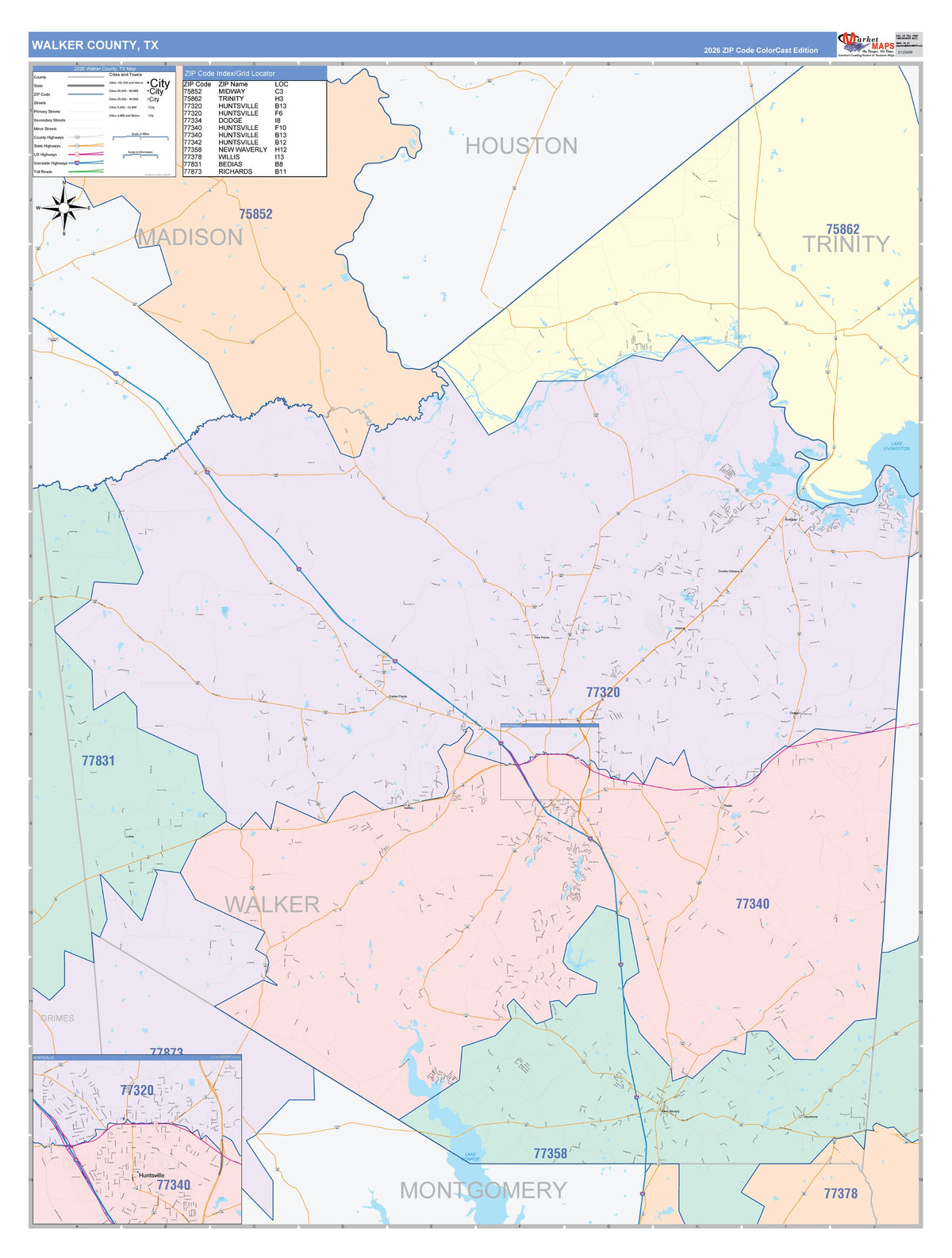 Walker County, TX Colorcast Style Wall Map