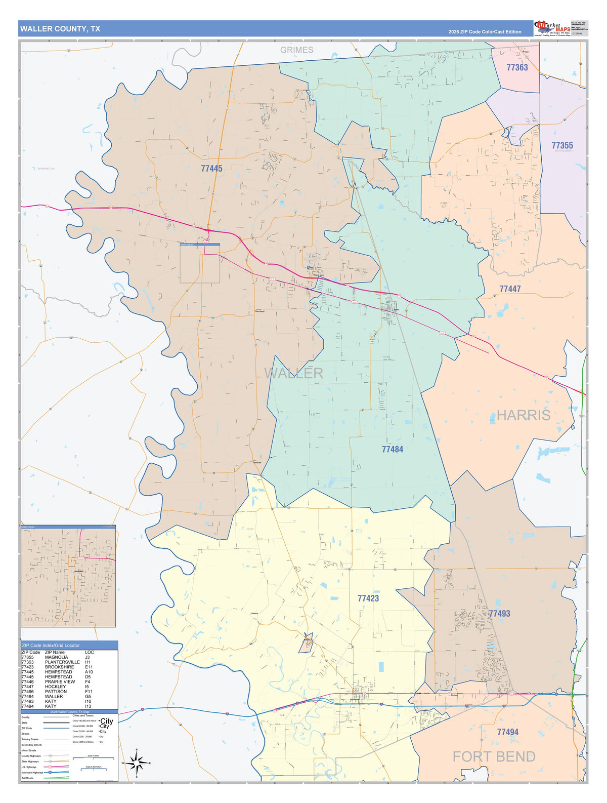 Waller County, TX Colorcast Style Wall Map