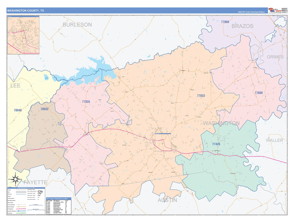 Washington County, TX Colorcast Style Wall Map