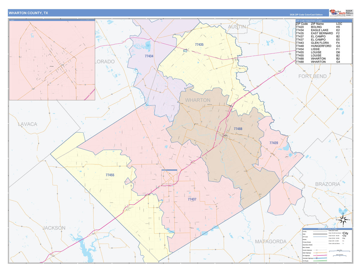Wharton County, TX Colorcast Style Wall Map