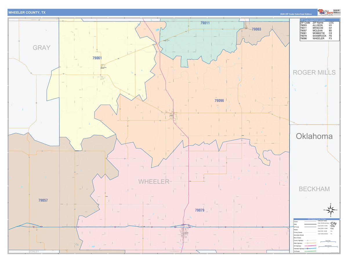 Wheeler County, TX Colorcast Style Wall Map