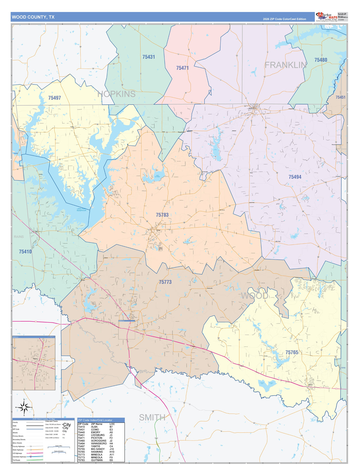 Wood County, TX Colorcast Style Wall Map