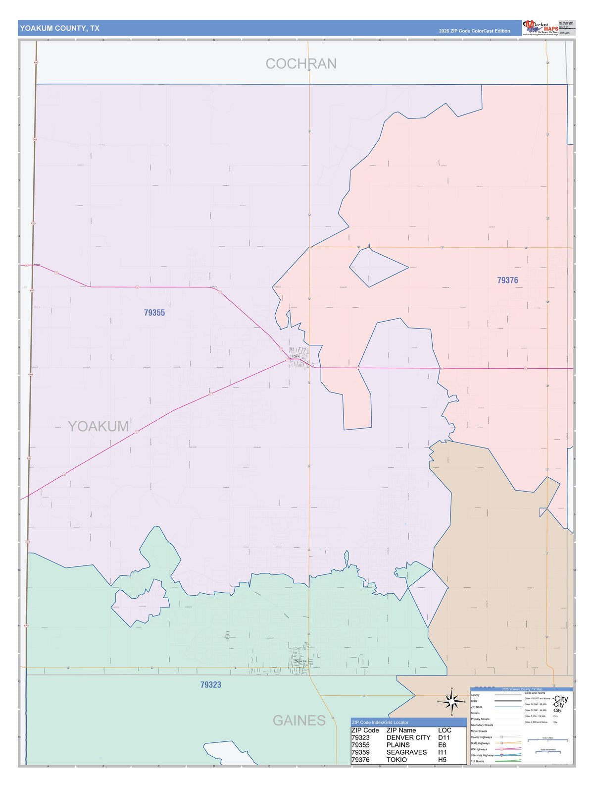 Yoakum County, TX Colorcast Style Wall Map