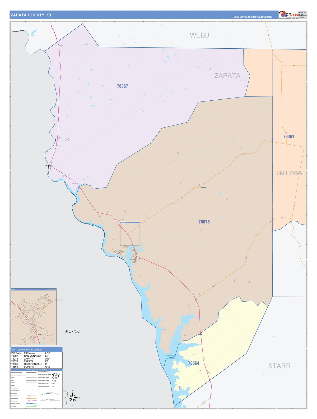 Zapata County, TX Colorcast Style Wall Map