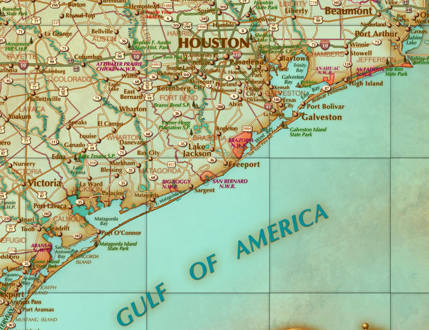 Antique Style Texas Wall Map, Gulf of America Edition