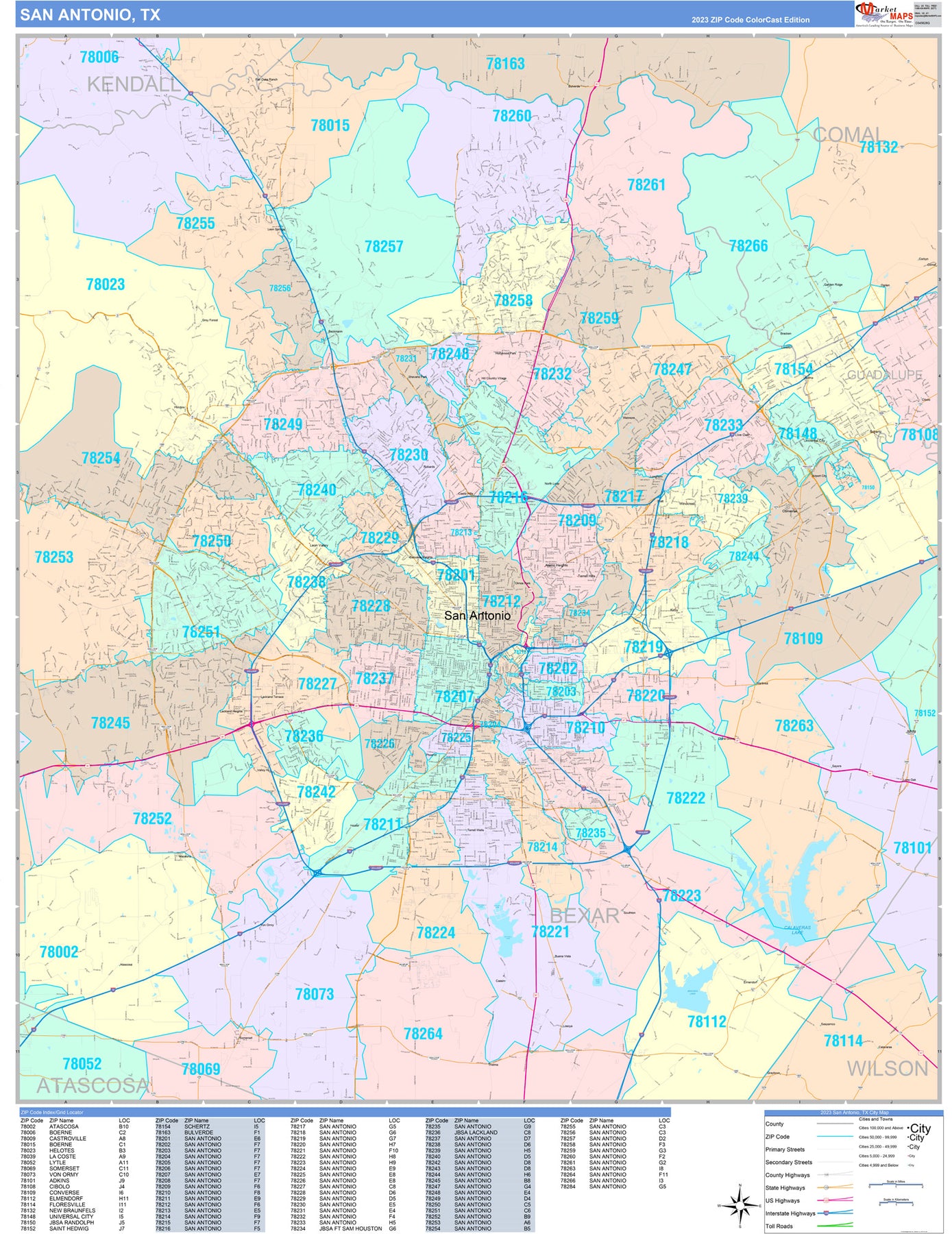 Colorcast Zip Code Style Wall Map of San Antonio by Market Maps 