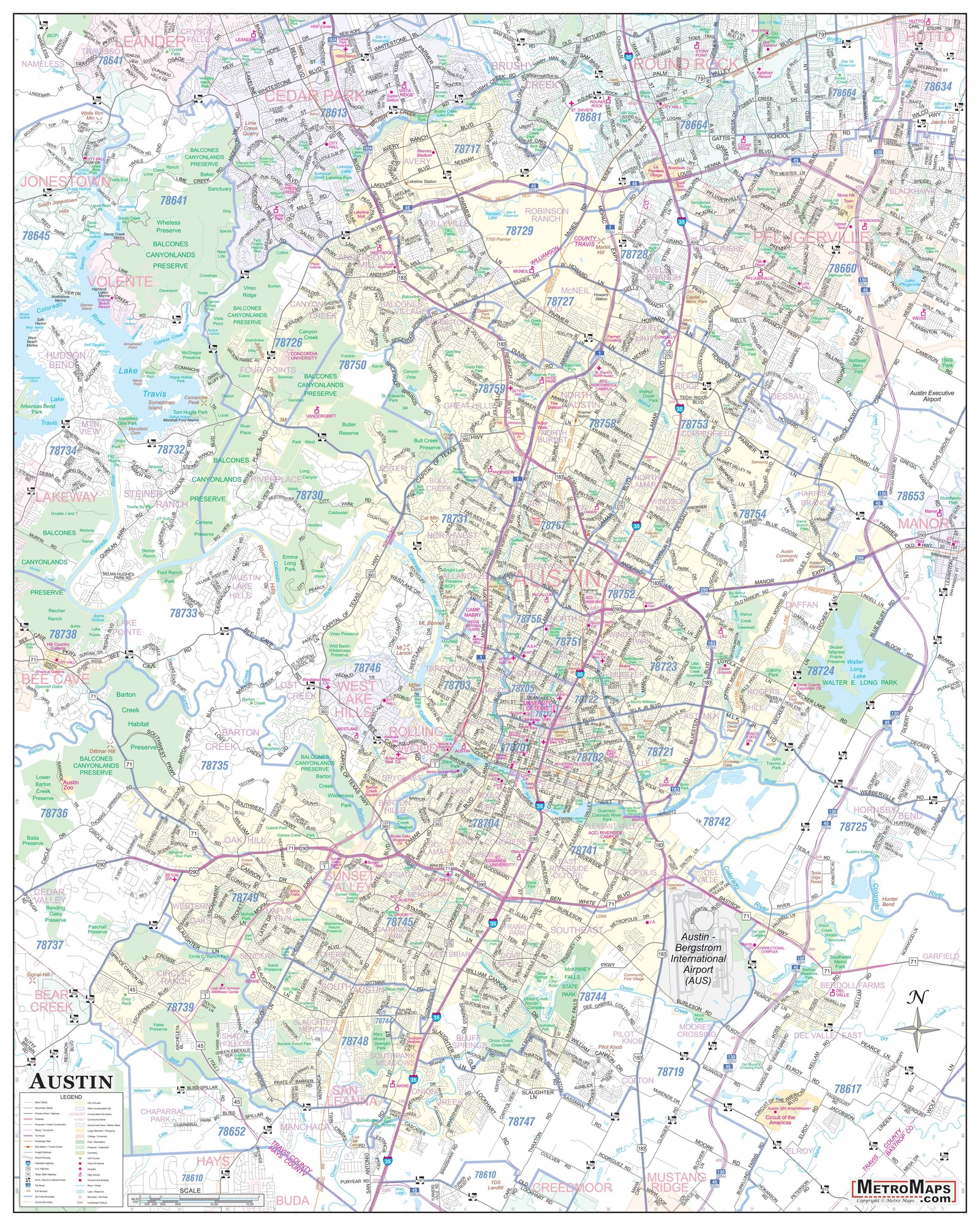 Austin Metro Area Major Arterial Wall Map
