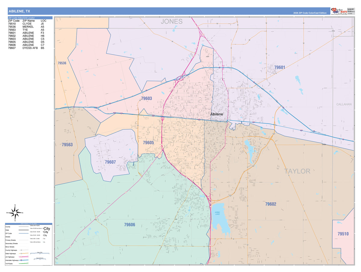 Colorcast Zip Code Style Wall Map of Abilene by Market Maps