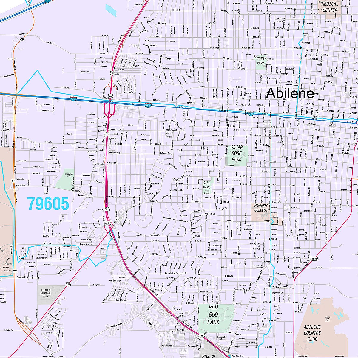 Premium Style Wall Map of Abilene, TX
