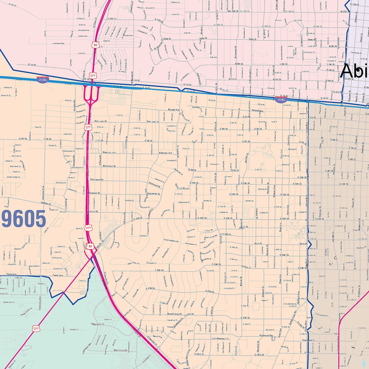 Colorcast Zip Code Style Wall Map of Abilene by Market Maps