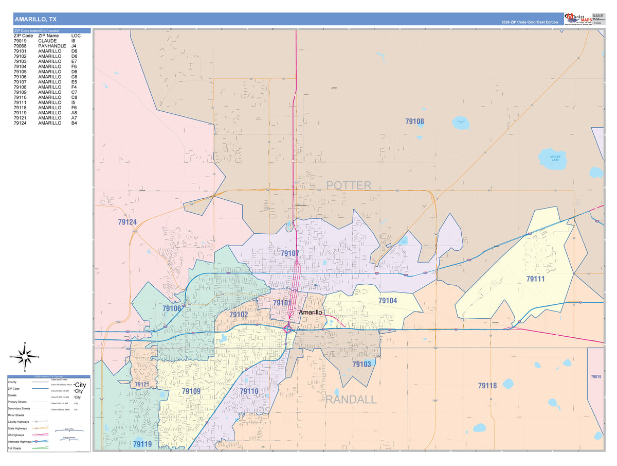 Colorcast Zip Code Style Wall Map of Amarillo, TX