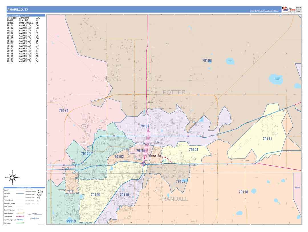 Colorcast Zip Code Style Wall Map of Amarillo, TX – Texas Map Store