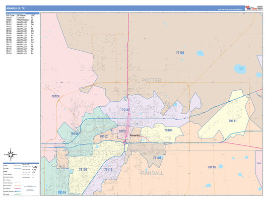 Colorcast Zip Code Style Wall Map of Amarillo, TX – Texas Map Store