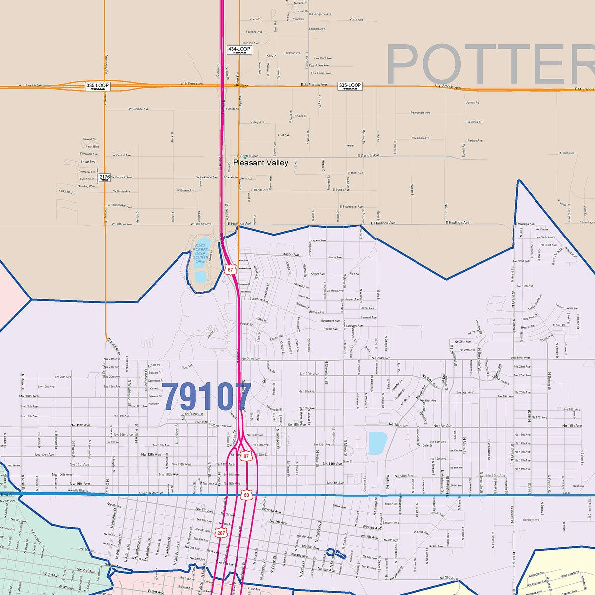 Colorcast Zip Code Style Wall Map of Amarillo, TX