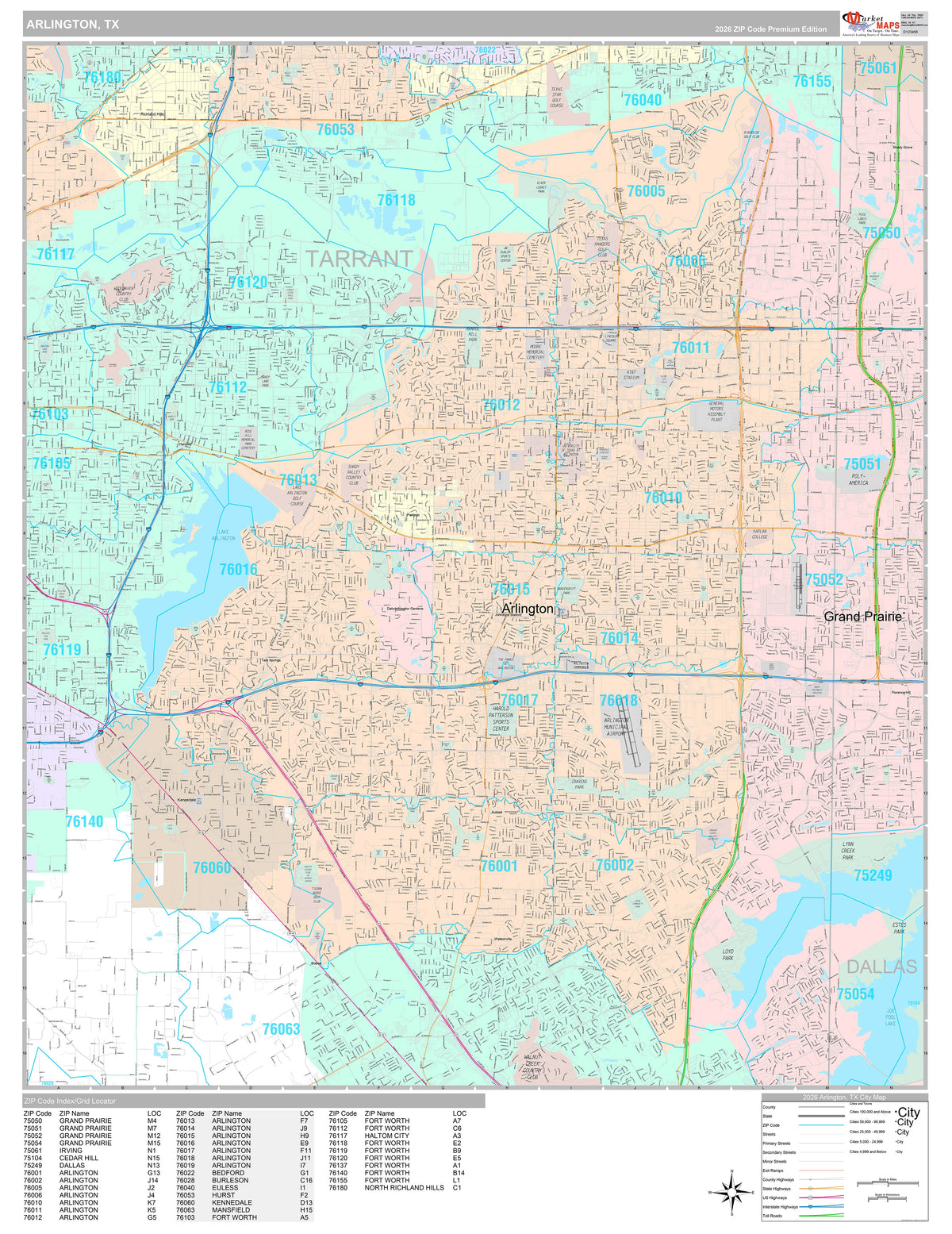 Premium Style Wall Map of Arlington, TX