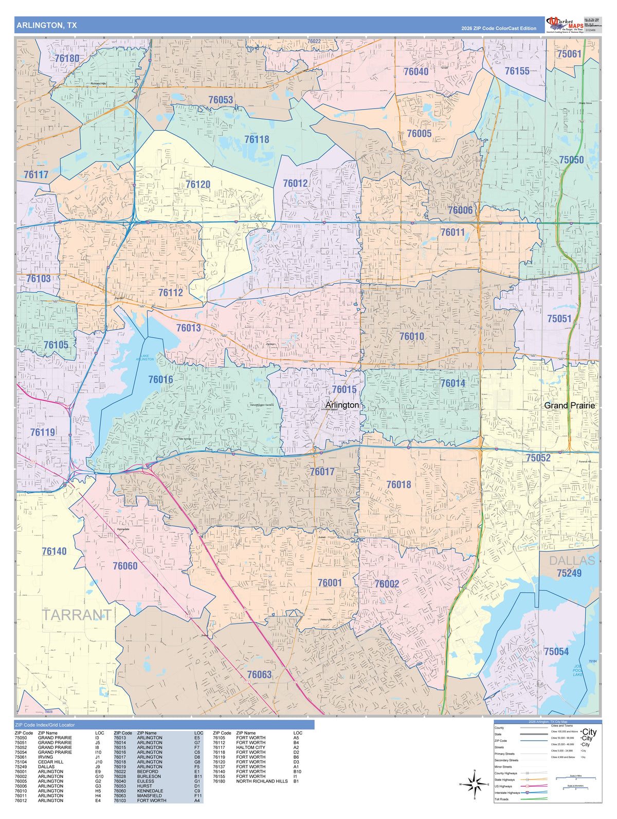 Colorcast Zip Code Style Wall Map of Arlington, TX