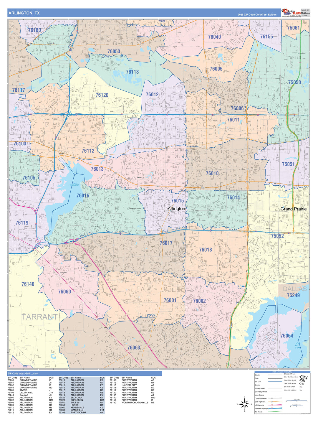 Colorcast Zip Code Style Wall Map of Arlington, TX – Texas Map Store