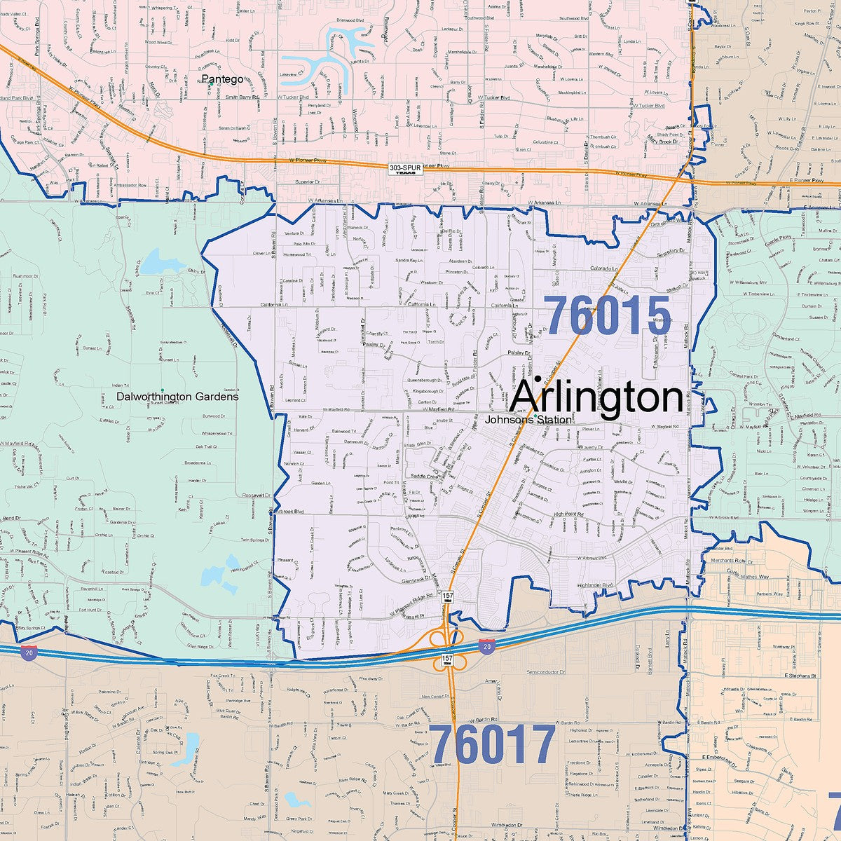 Colorcast Zip Code Style Wall Map of Arlington, TX