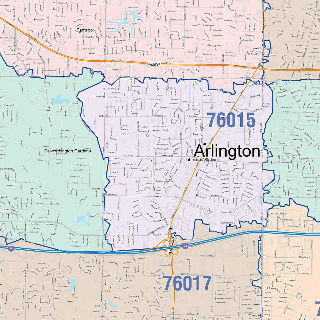 Colorcast Zip Code Style Wall Map of Arlington, TX – Texas Map Store