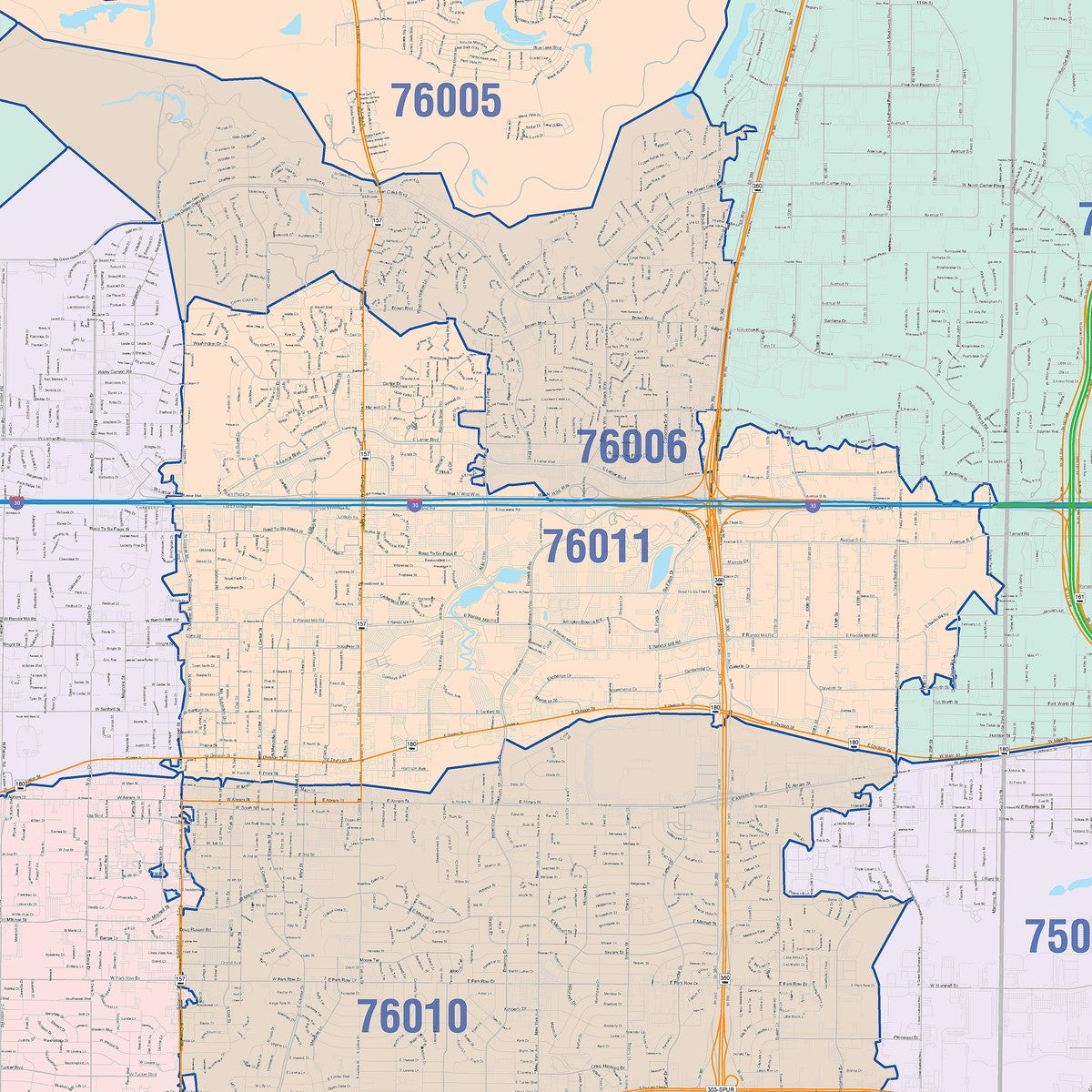 Colorcast Zip Code Style Wall Map of Arlington, TX