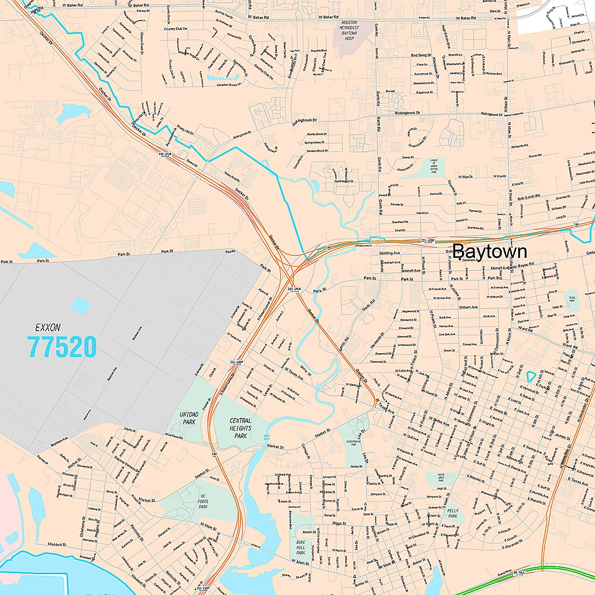 Premium Style Wall Map of Baytown, TX