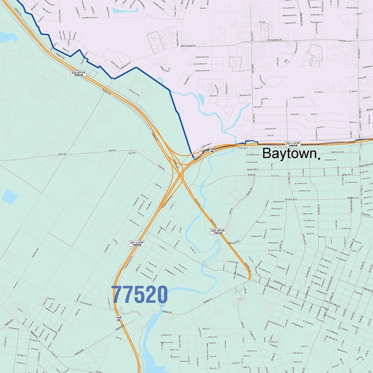 Colorcast Zip Code Style Wall Map of Baytown, TX