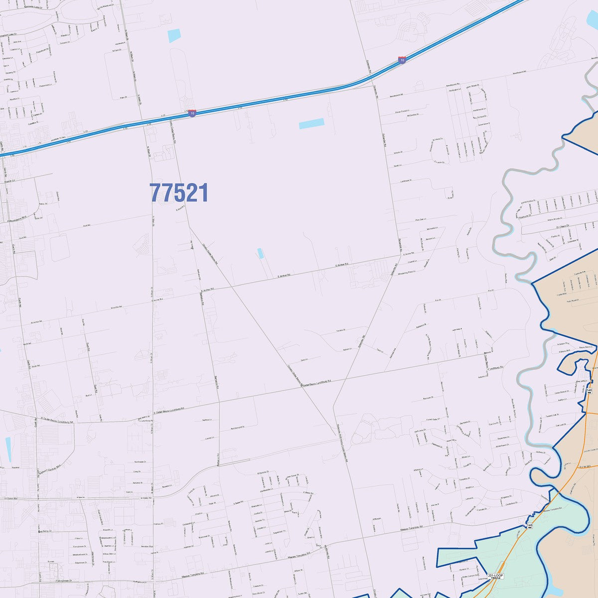 Colorcast Zip Code Style Wall Map of Baytown, TX